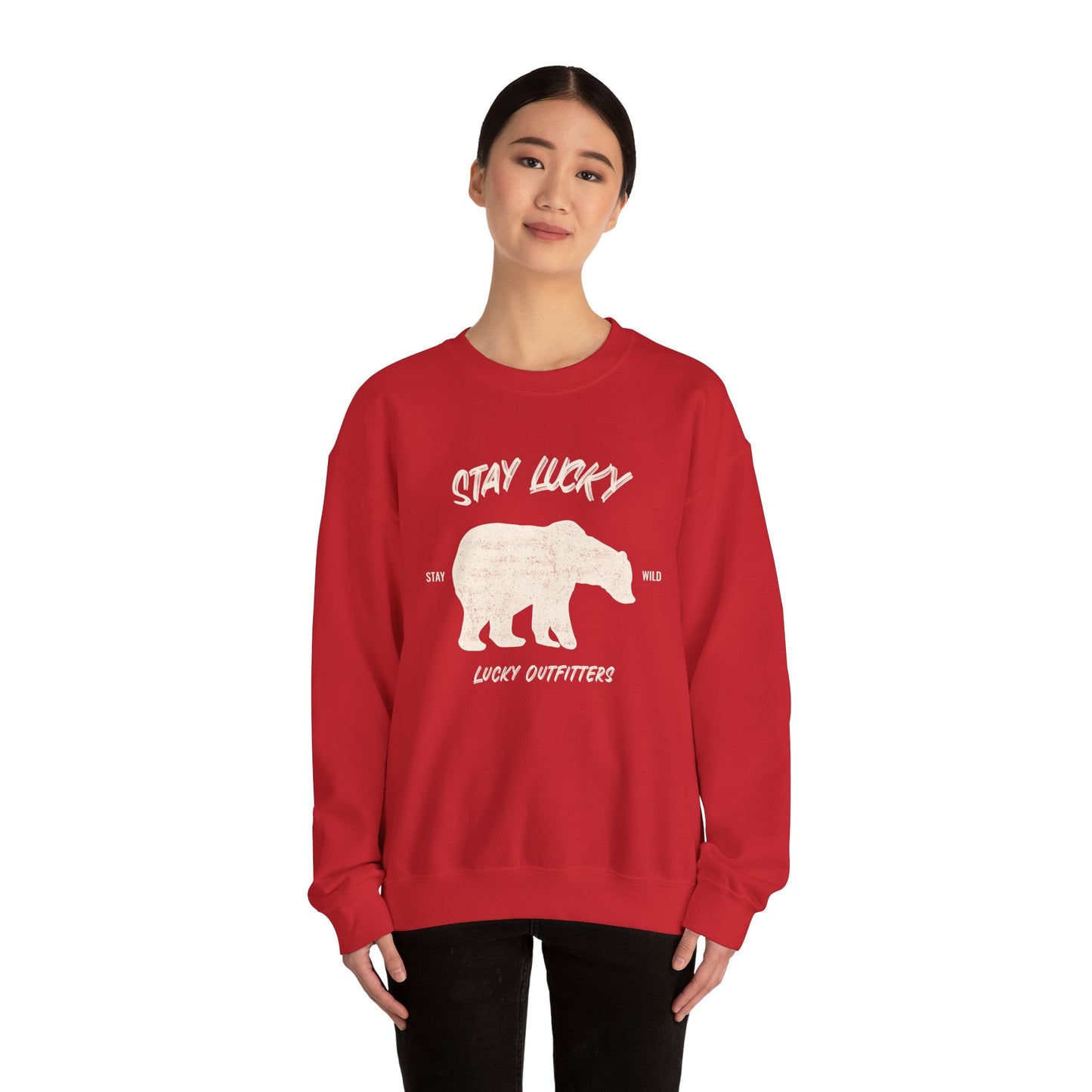 Stay Lucky Bear Unisex Crewneck Sweatshirt (Unisex Sizing) — Vintage Bear Graphic Pullover