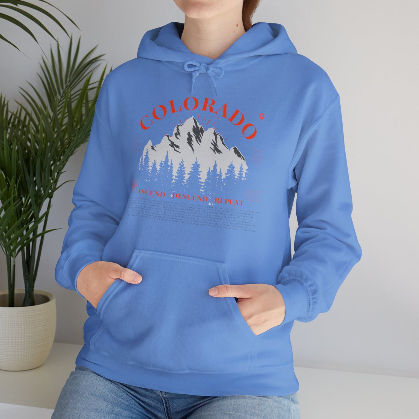 Women's Colorado 14ers Mountain Hoodie (Unisex Sizing) — Ascend/Descend/Repeat White Mountain Climbing Graphic - Lucky Outfitters Adventure Pullover