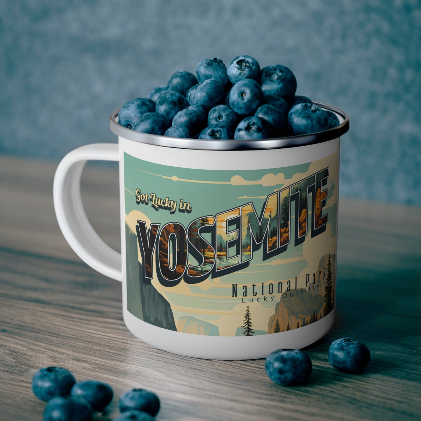 Got Lucky in Yosemite Enamel Camping Mug — 'Lucky Outfitters' Retro Outdoor Travel Cup