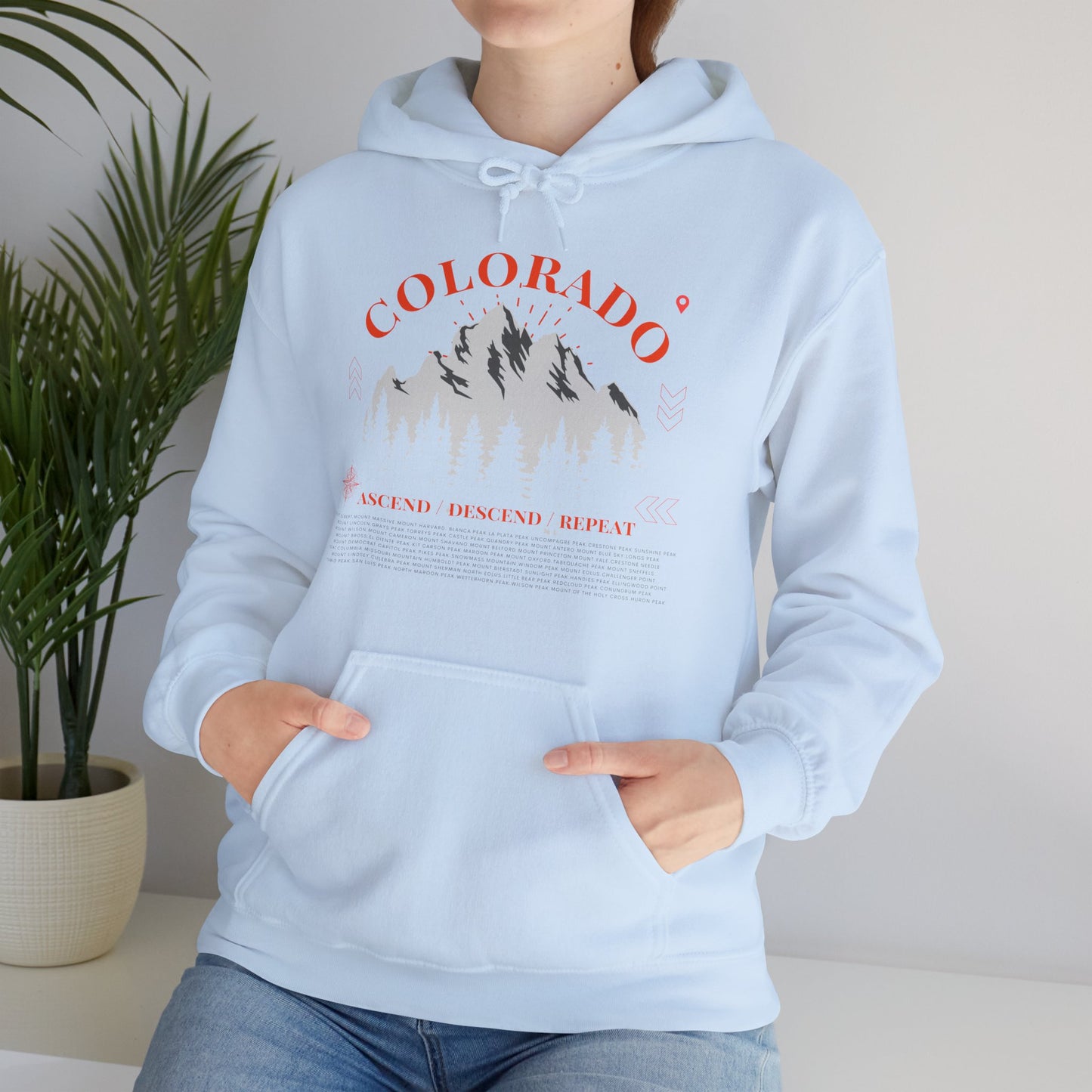 Women's Colorado 14ers Mountain Hoodie (Unisex Sizing) — Ascend/Descend/Repeat White Mountain Climbing Graphic - Lucky Outfitters Adventure Pullover