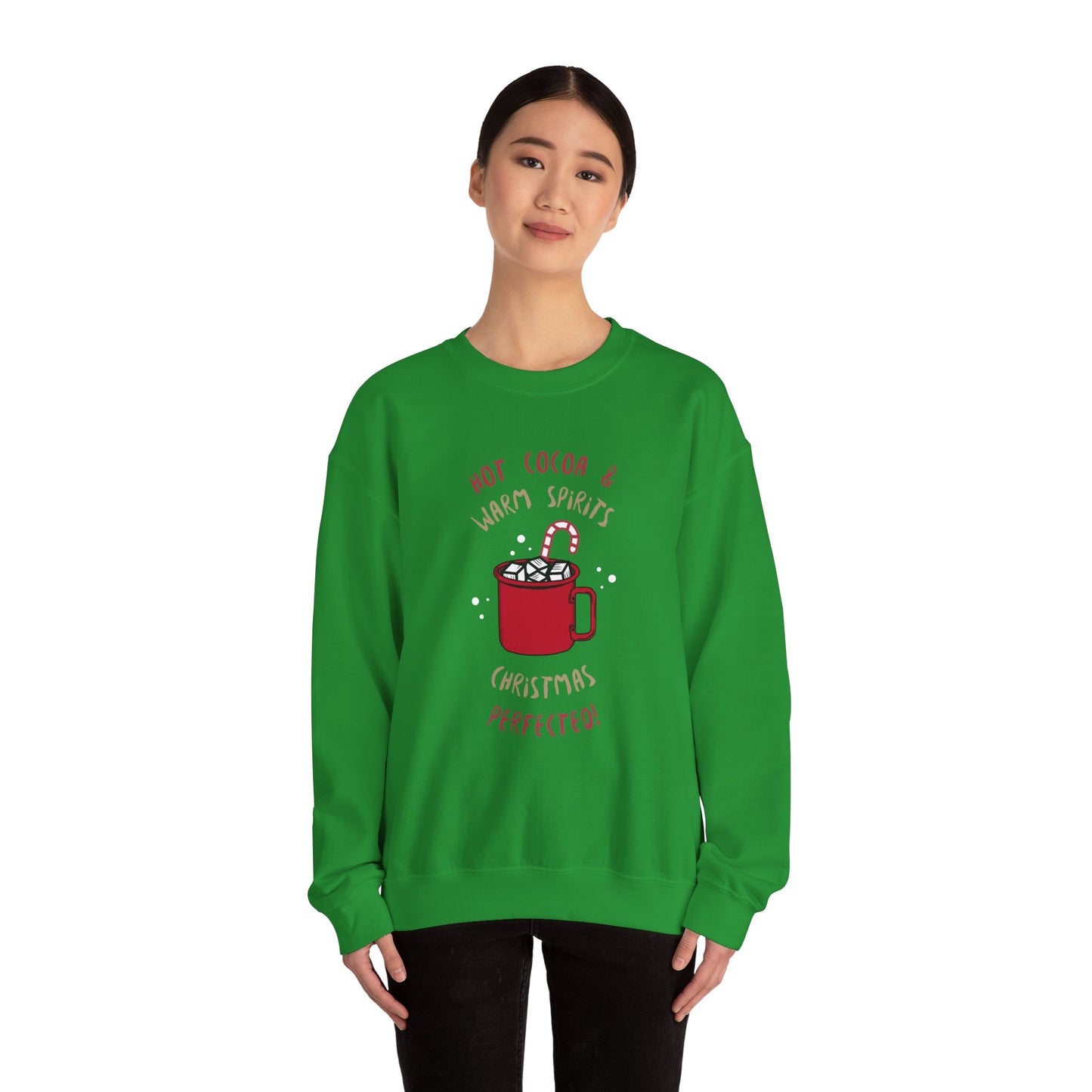 Christmas Hot Cocoa Sweatshirt (Unisex Sizing) — "Hot Cocoa & Warm Spirits, Christmas Perfection" Cozy Holiday Crewneck