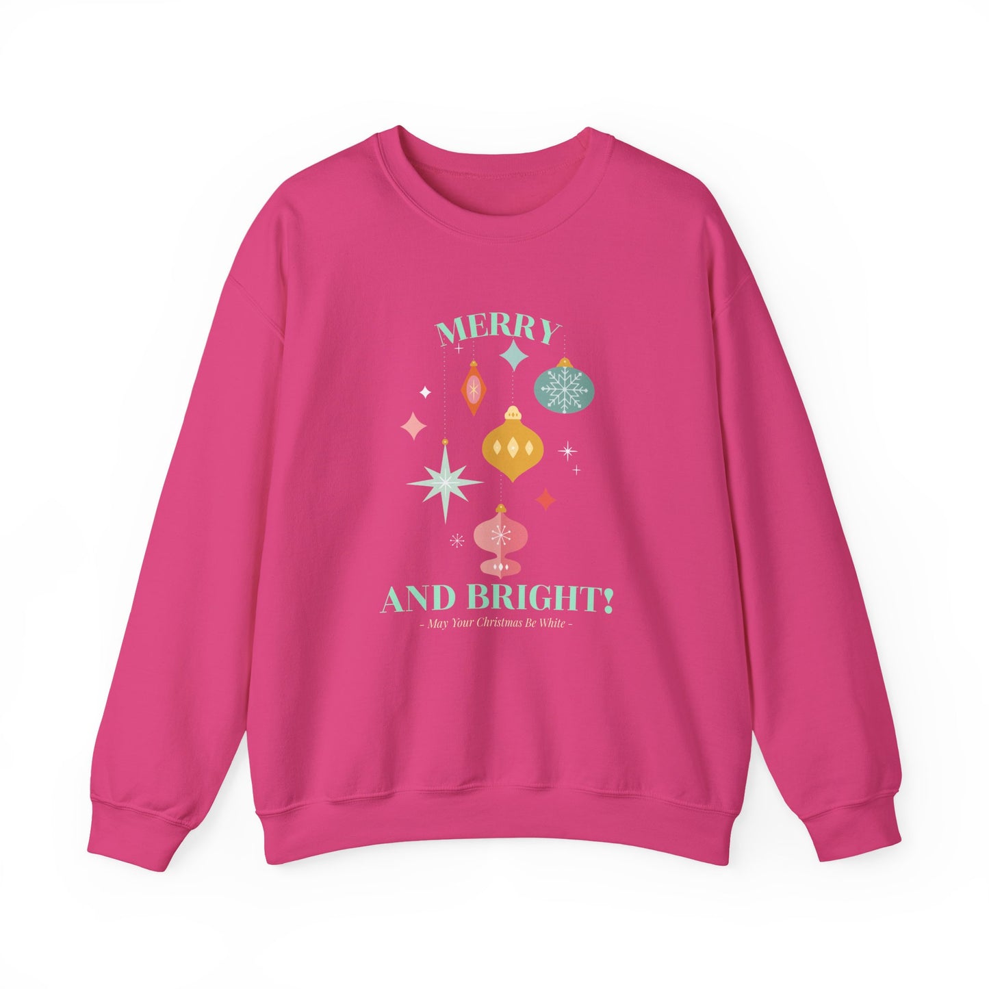 Merry and Bright Christmas Crewneck Sweatshirt (Unisex Sizing) — Retro Ornaments Holiday Sweater