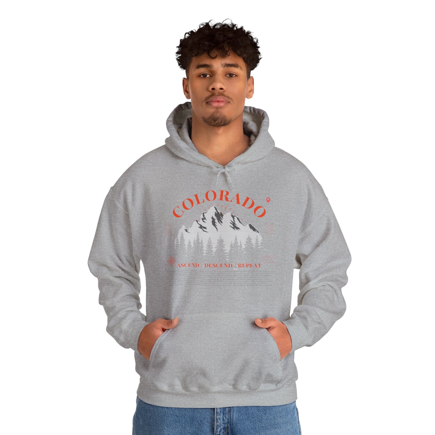 Men's Colorado 14ers Mountain Hoodie — Ascend/Descend/Repeat White Mountain Climbing Graphic - Lucky Outfitters Adventure Pullover