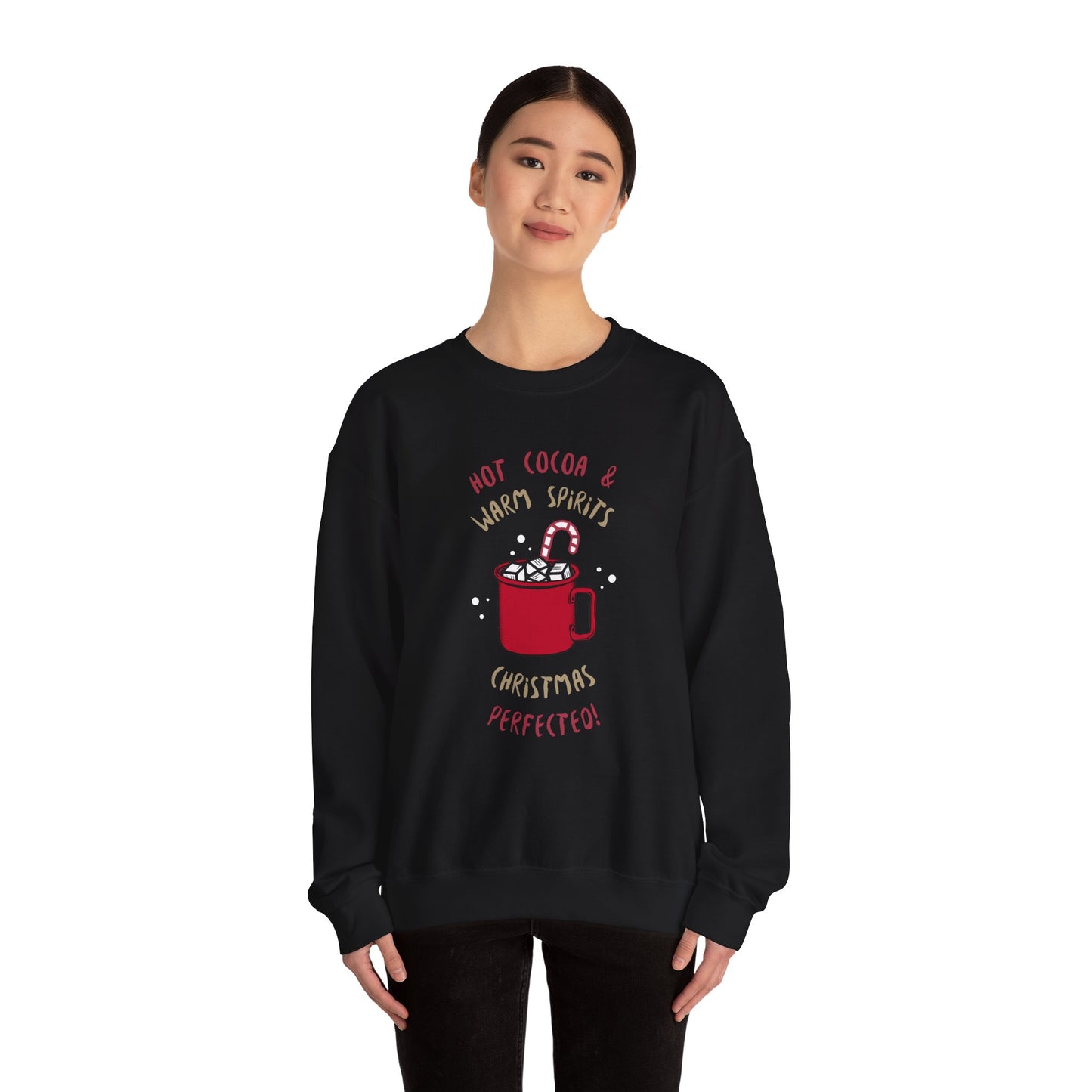 Christmas Hot Cocoa Sweatshirt (Unisex Sizing) — "Hot Cocoa & Warm Spirits, Christmas Perfection" Cozy Holiday Crewneck