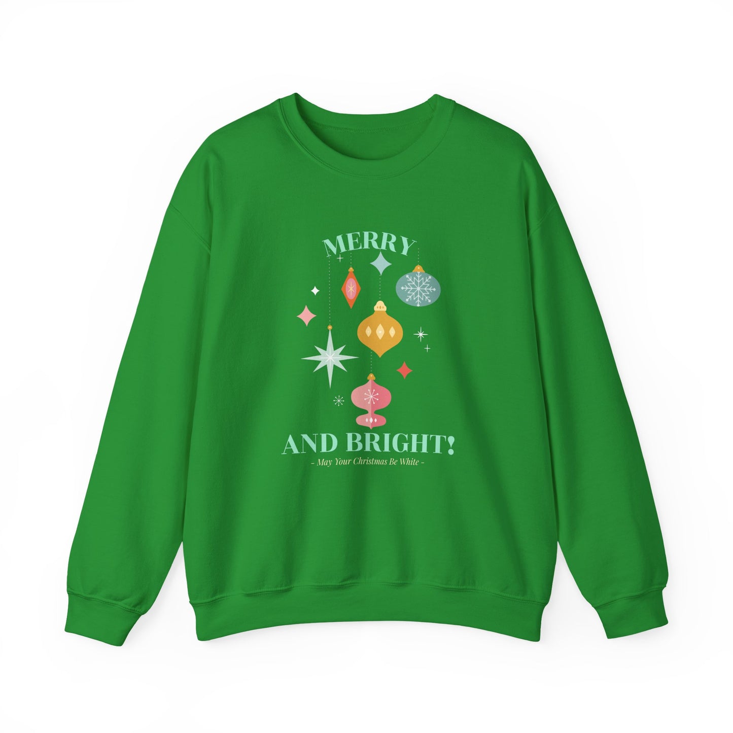 Merry and Bright Christmas Crewneck Sweatshirt (Unisex Sizing) — Retro Ornaments Holiday Sweater