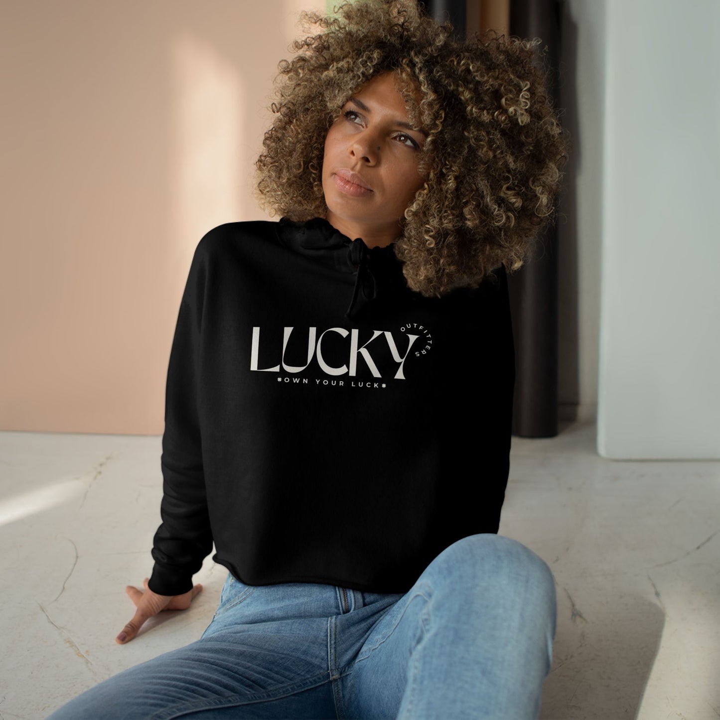 Women's Lucky Outfitters Crop Hoodie — ‘Off White Logo