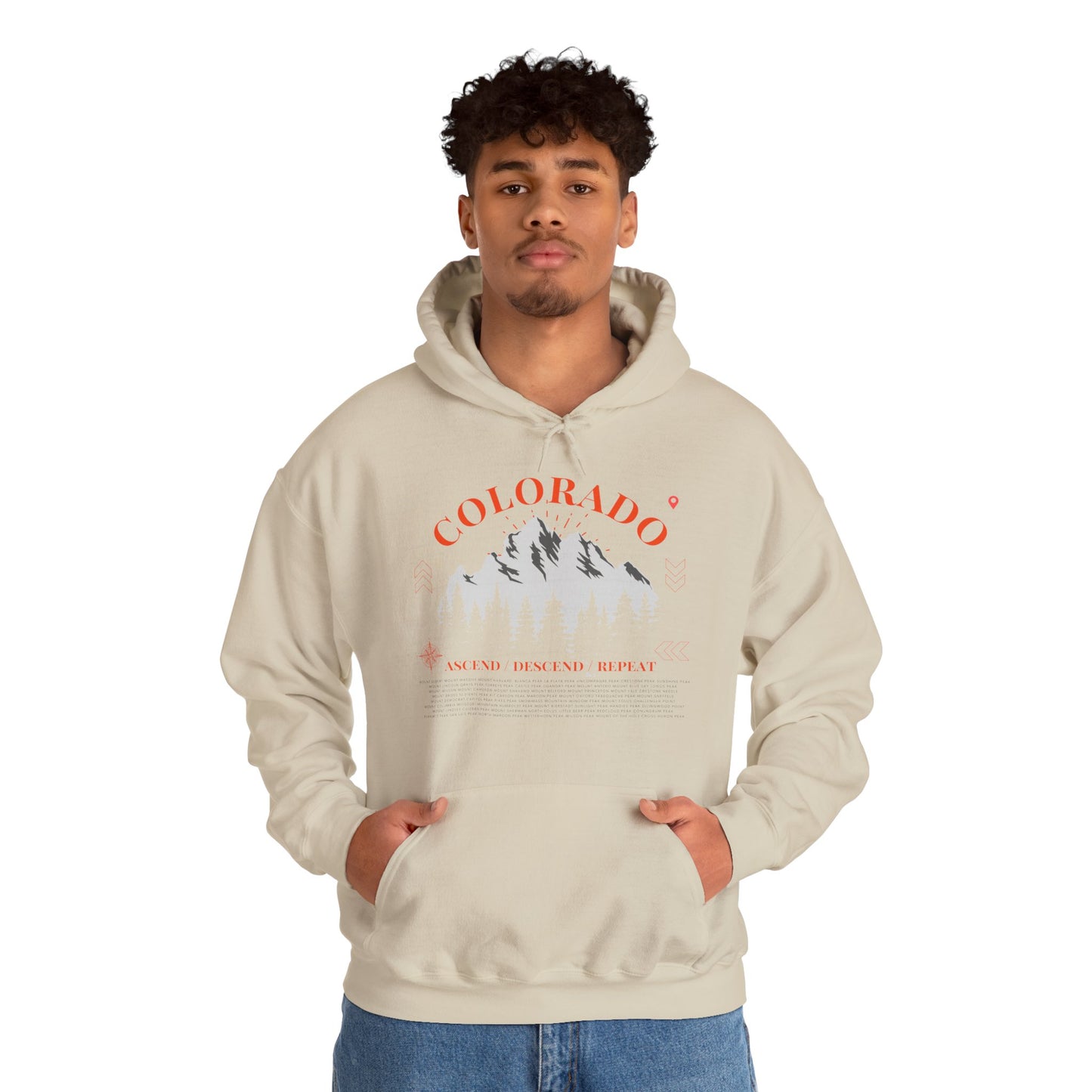Men's Colorado 14ers Mountain Hoodie — Ascend/Descend/Repeat White Mountain Climbing Graphic - Lucky Outfitters Adventure Pullover