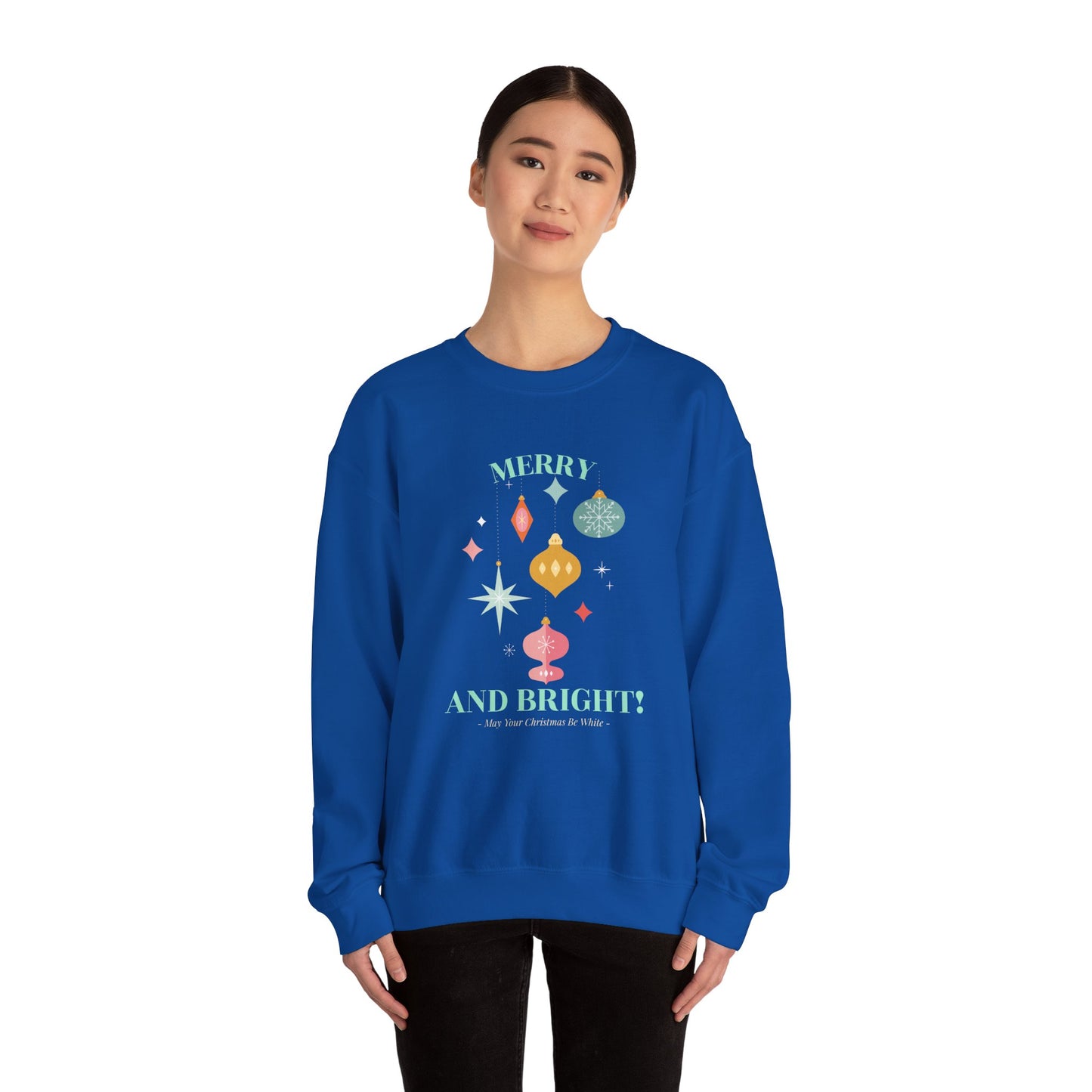 Merry and Bright Christmas Crewneck Sweatshirt (Unisex Sizing) — Retro Ornaments Holiday Sweater