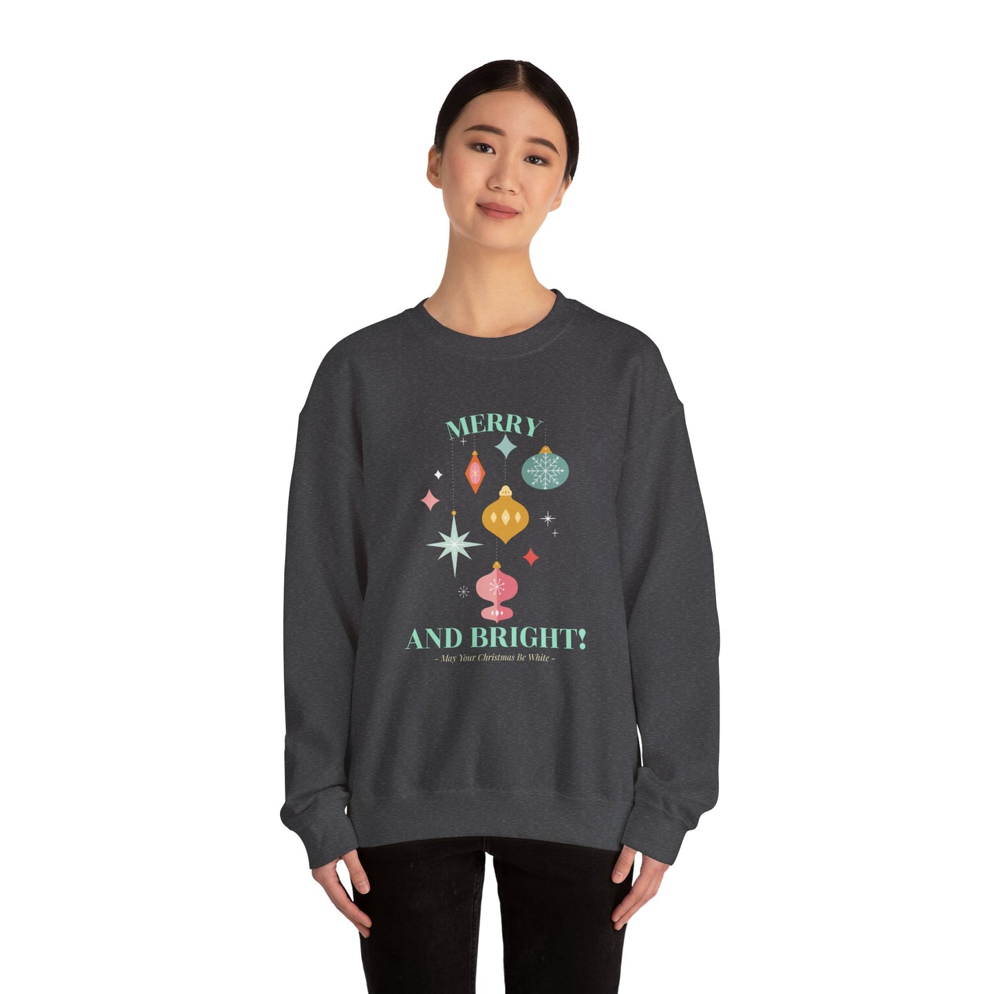 Merry and Bright Christmas Crewneck Sweatshirt (Unisex Sizing) — Retro Ornaments Holiday Sweater