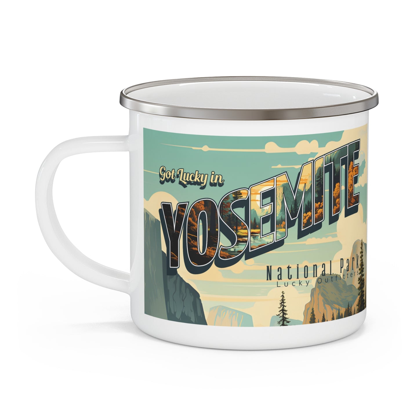 Got Lucky in Yosemite Enamel Camping Mug — 'Lucky Outfitters' Retro Outdoor Travel Cup