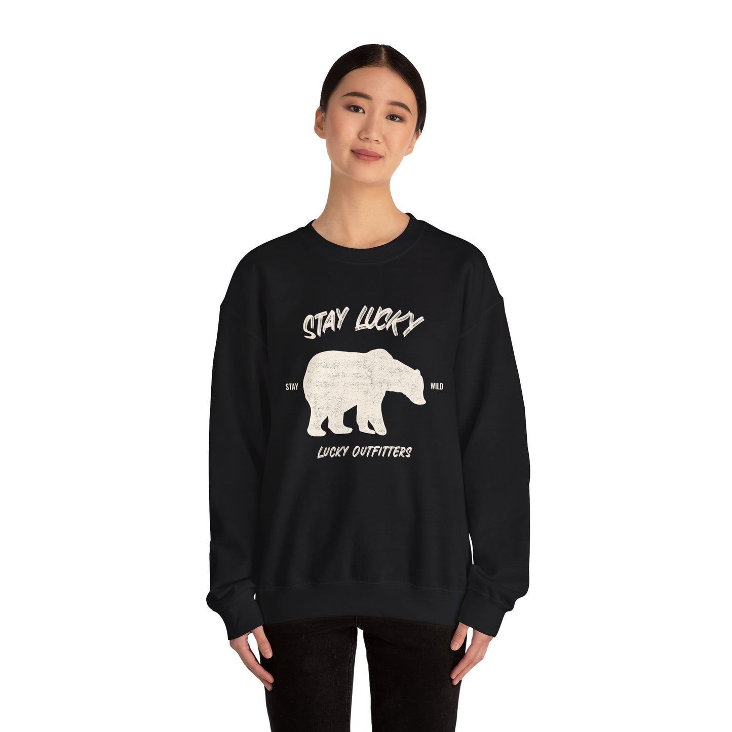Stay Lucky Bear Unisex Crewneck Sweatshirt (Unisex Sizing) — Vintage Bear Graphic Pullover