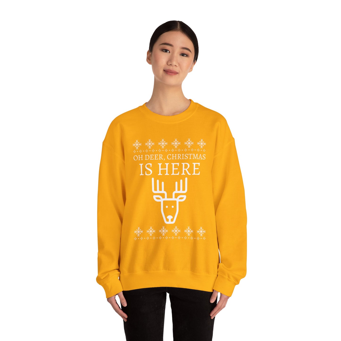 Christmas Reindeer Sweatshirt (Unisex sizing) - "Oh Deer, Christmas Is Here" Holiday Crewneck