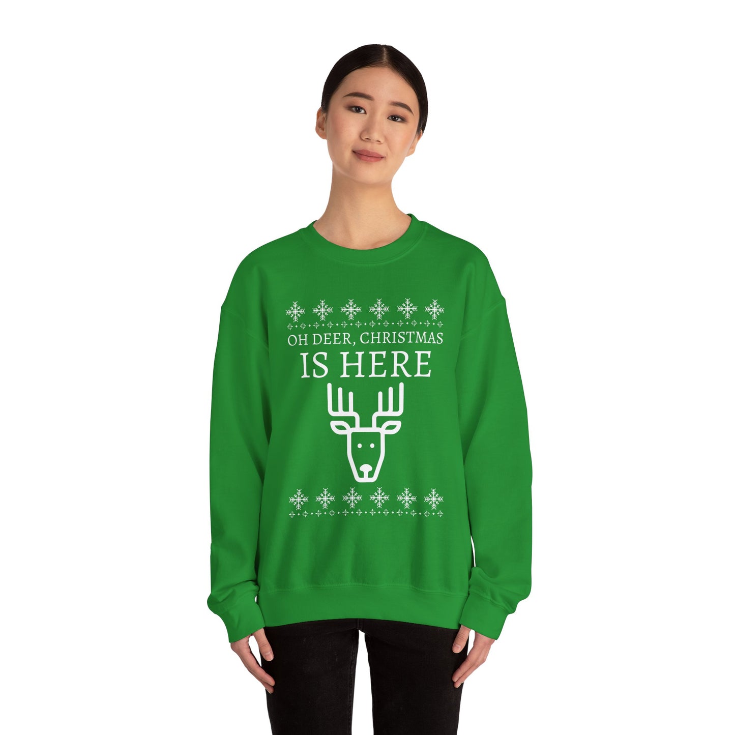 Christmas Reindeer Sweatshirt (Unisex sizing) - "Oh Deer, Christmas Is Here" Holiday Crewneck