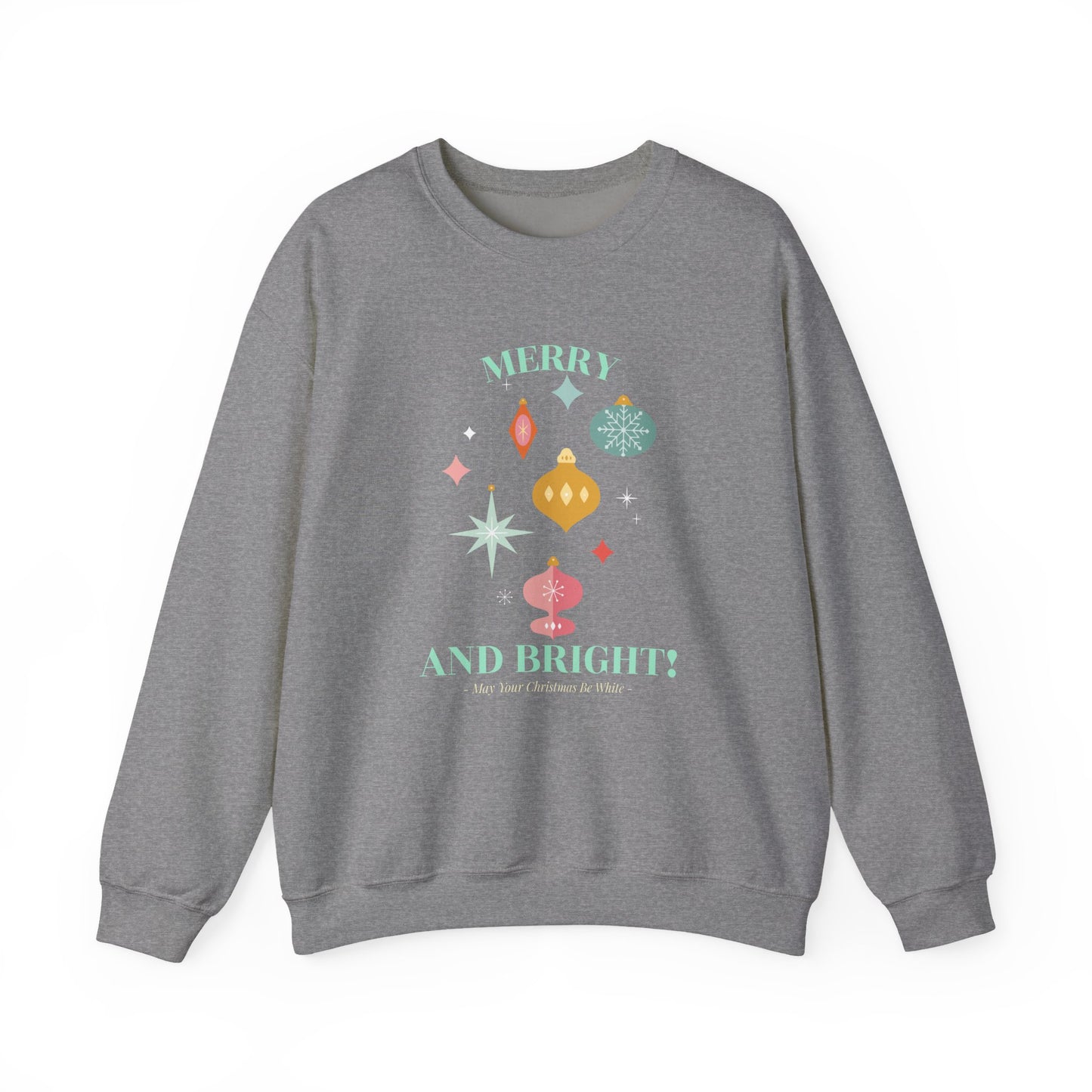 Merry and Bright Christmas Crewneck Sweatshirt (Unisex Sizing) — Retro Ornaments Holiday Sweater