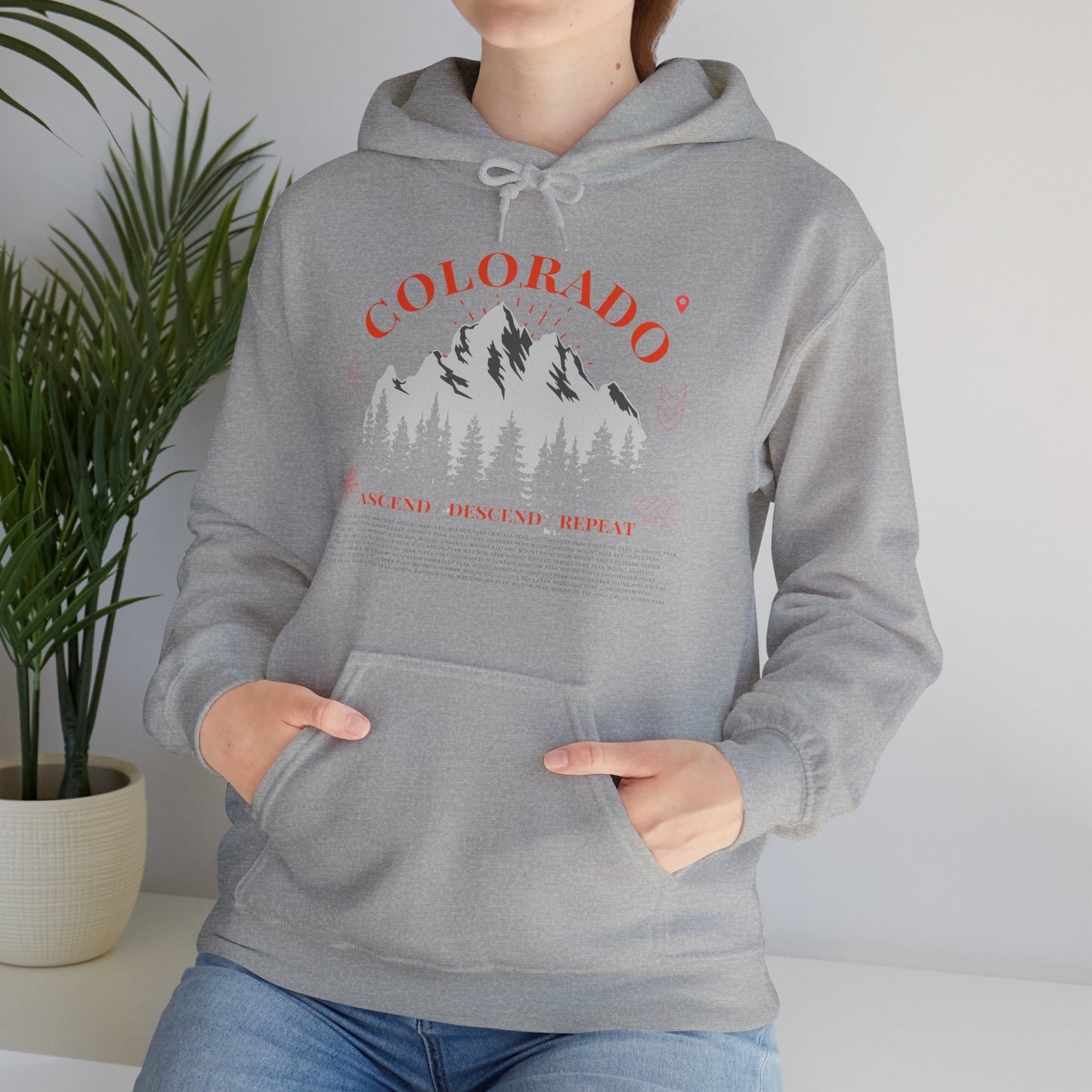Women's Colorado 14ers Mountain Hoodie (Unisex Sizing) — Ascend/Descend/Repeat White Mountain Climbing Graphic - Lucky Outfitters Adventure Pullover