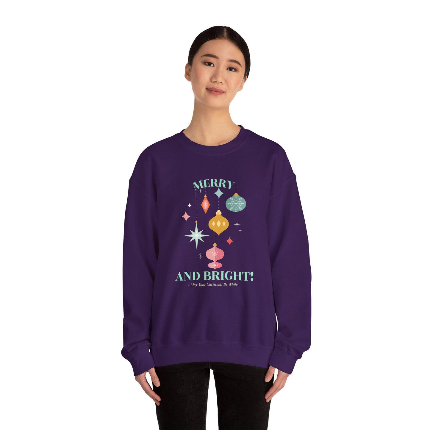 Merry and Bright Christmas Crewneck Sweatshirt (Unisex Sizing) — Retro Ornaments Holiday Sweater