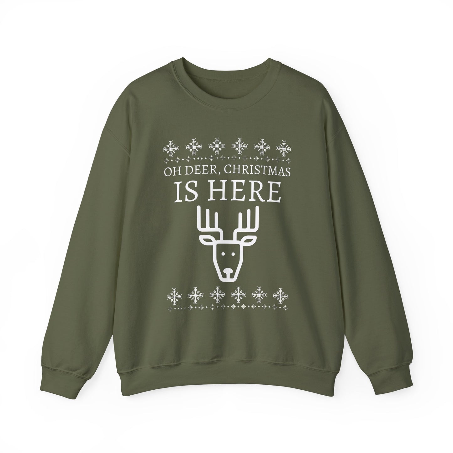 Christmas Reindeer Sweatshirt (Unisex sizing) - "Oh Deer, Christmas Is Here" Holiday Crewneck