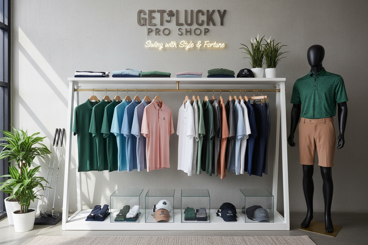create a display of golf apparel for Get Lucky Pro Shop. 