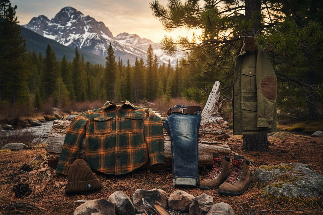 create a Men's Apparel image that looks outdoorsy