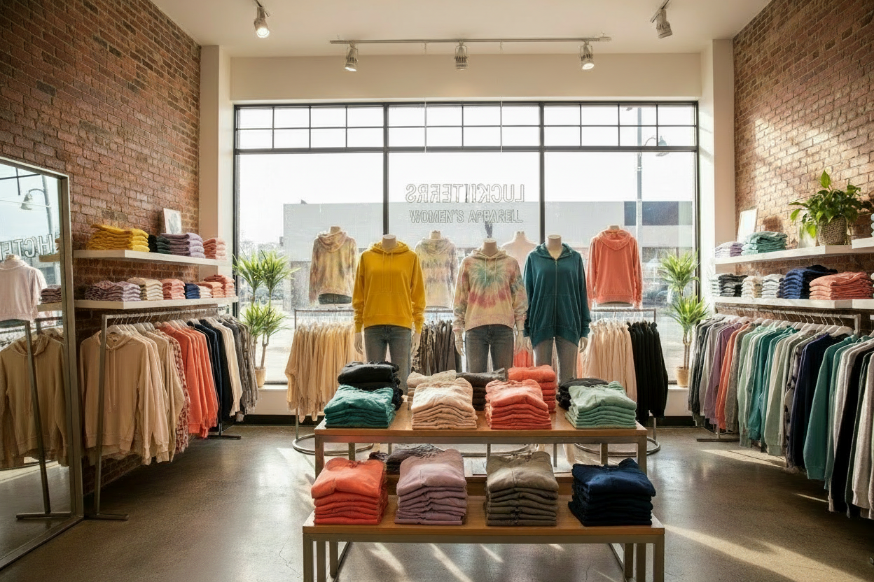 Make the sign on the window say Lucky Outfitters